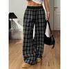 Pantaloni Casual Lunghi a Quadri con Vita Elastica e Gamba Larga, Stile Vintage Rilassato, per Donna