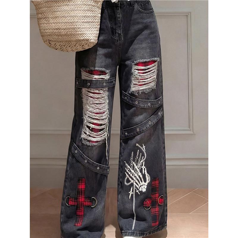 Niche Y2K Distressed Wide-Leg High-Waisted Jeans for Women
