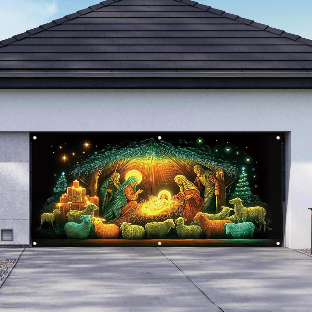 Christmas Front Door Cover Religious Fluorescent Front Door Jesus Scene Backdrop Hanger Backdrop Christmas Decoration For Indoor