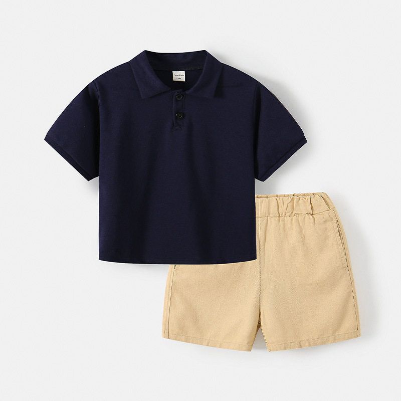 Boys' Summer Polo Shirt Short-Sleeved Shorts Set, Medium and Large Children's Clothing, Collared Top, Children's Casual Pants, Five-Point Pants