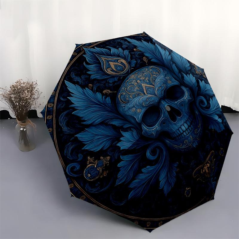 Elegant Blue Floral Skull Decorative PlateUmbrella, Portable 3-Fold Umbrella for Men & Women,Christmas Gift ES339
