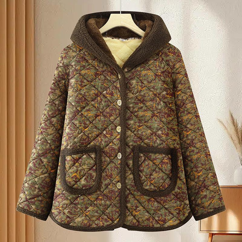 Mom's Winter Home Wear: Velvet & Thick Cotton Two-Piece Set for Middle-Aged & Elderly Women - Warm Jacket & Pants