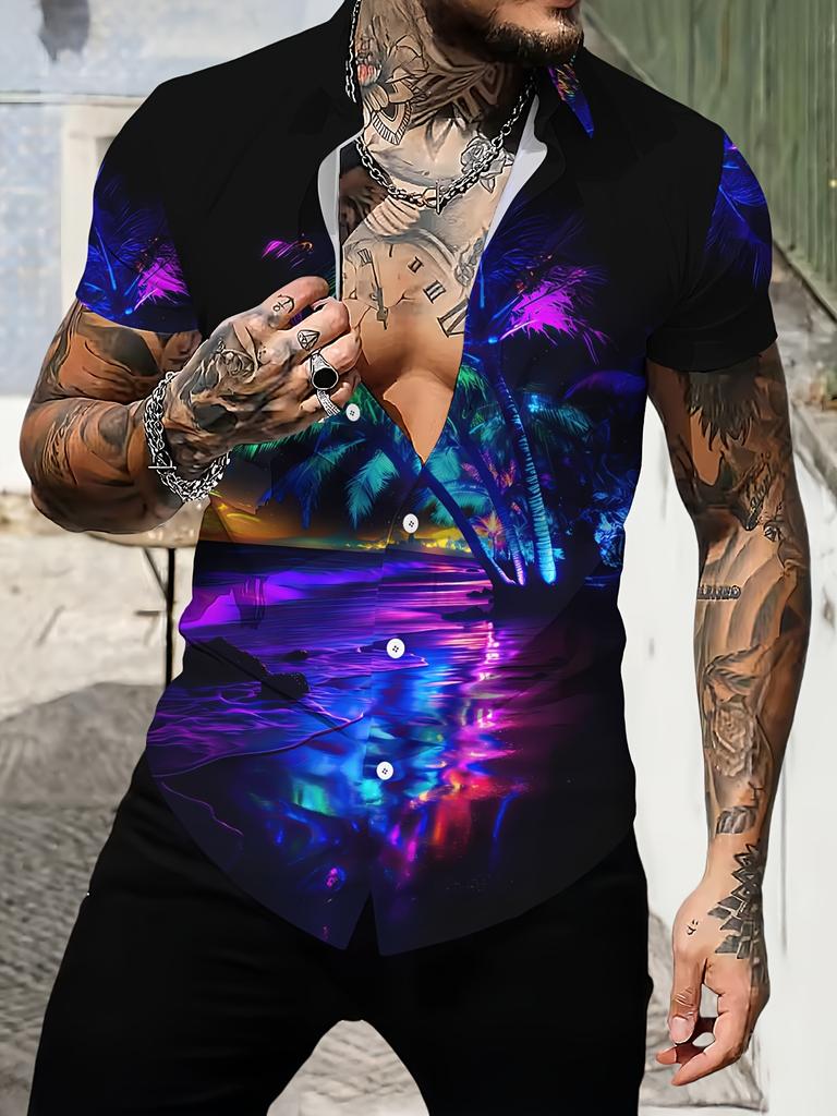[Printed Design - Not Texture] Men'S Casual Shirt Vibrant Tropical Sunset Button- Hawaiian Shirt - Vintage Style, Polyester, Summer Beachwear