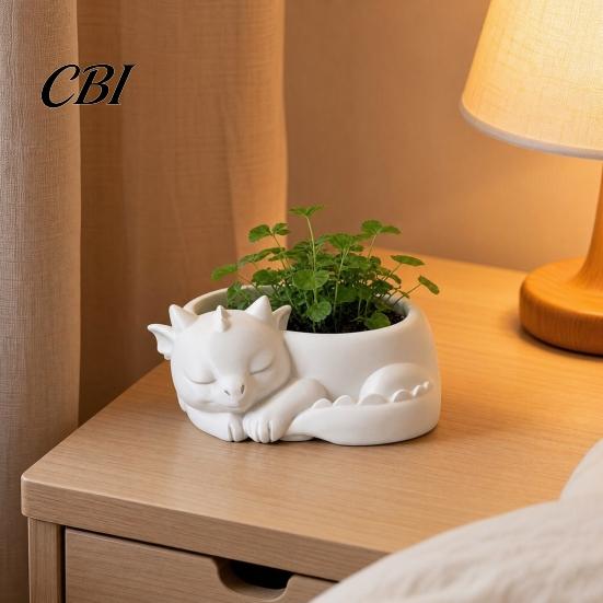 Soft Furnishing Desk Accessory Flowerpot Ornament, 3D Printed Sleeping Dragon Shape, Matte Large Black And White Plant Pot Decor Curved Planter,
