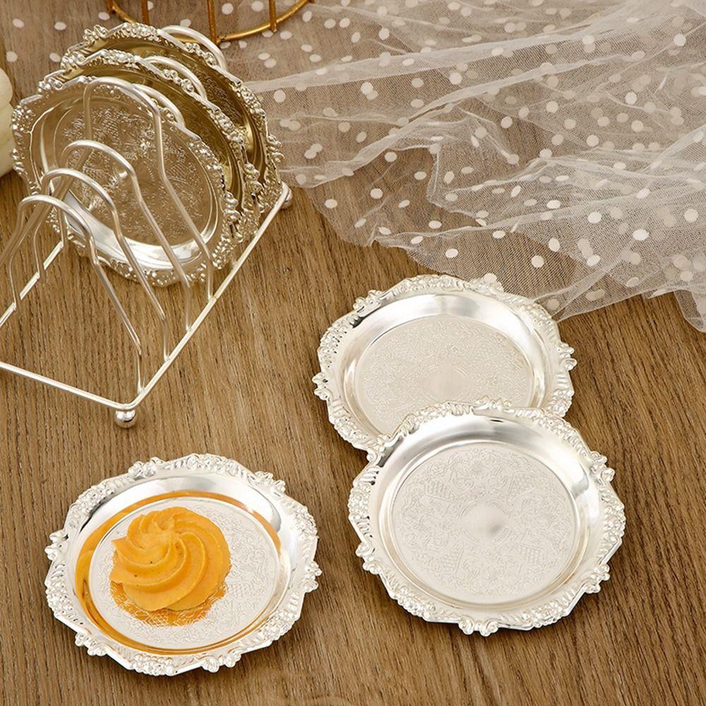 7 Pcs/set Vintage Plated European Decor Racks Carved Zinc Alloy Patterned Cup Mat High-end Metal Cake Tray Bar Decor