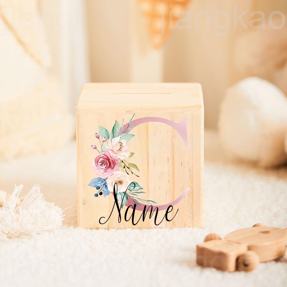 Personalizowana Skarbonka Inicjał z Imieniem Skarbonki dla Dzieci Etui na Kolekcję Monet Drewniany Banknotnik Prezent Urodzinowy na Baby Shower dla Dziewczynek