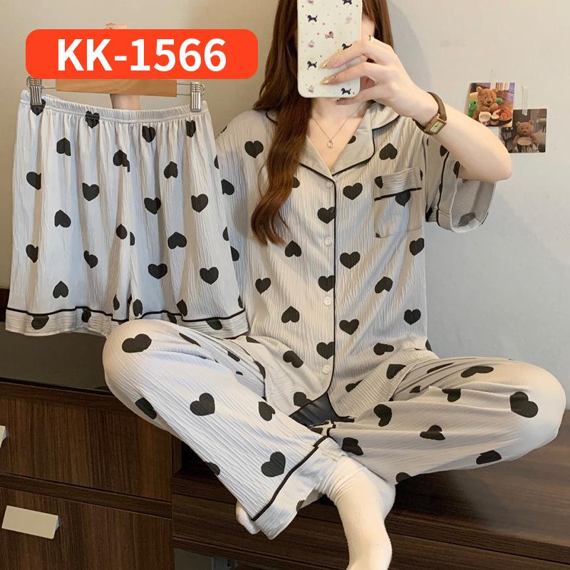 Sweet Striped Bow Print Korean Style Crinkle Pajamas Set for Women - Three-Piece, Short Sleeve Homewear.