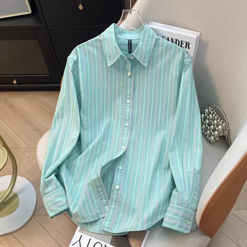 Women's Anti-Curling Striped Shirt - Overlap Design, Loose Fit, Plus Size, Perfect for Spring & Autumn.