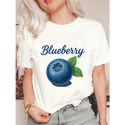 Übergroßes T-Shirt Schwarz Blaubeer-Frucht-Print und Text Freizeitkleidung für Damen Sommer-Outfit Streetstyle-Mode-Top