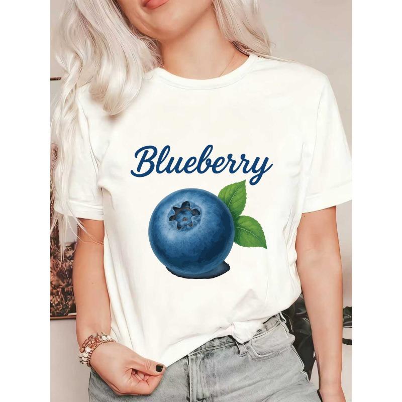 

Oversized T Shirt Black Blueberry Fruit Print And Text Casual Wear For Women Summer Outfit Street Style Fashion Top XXXXL білий