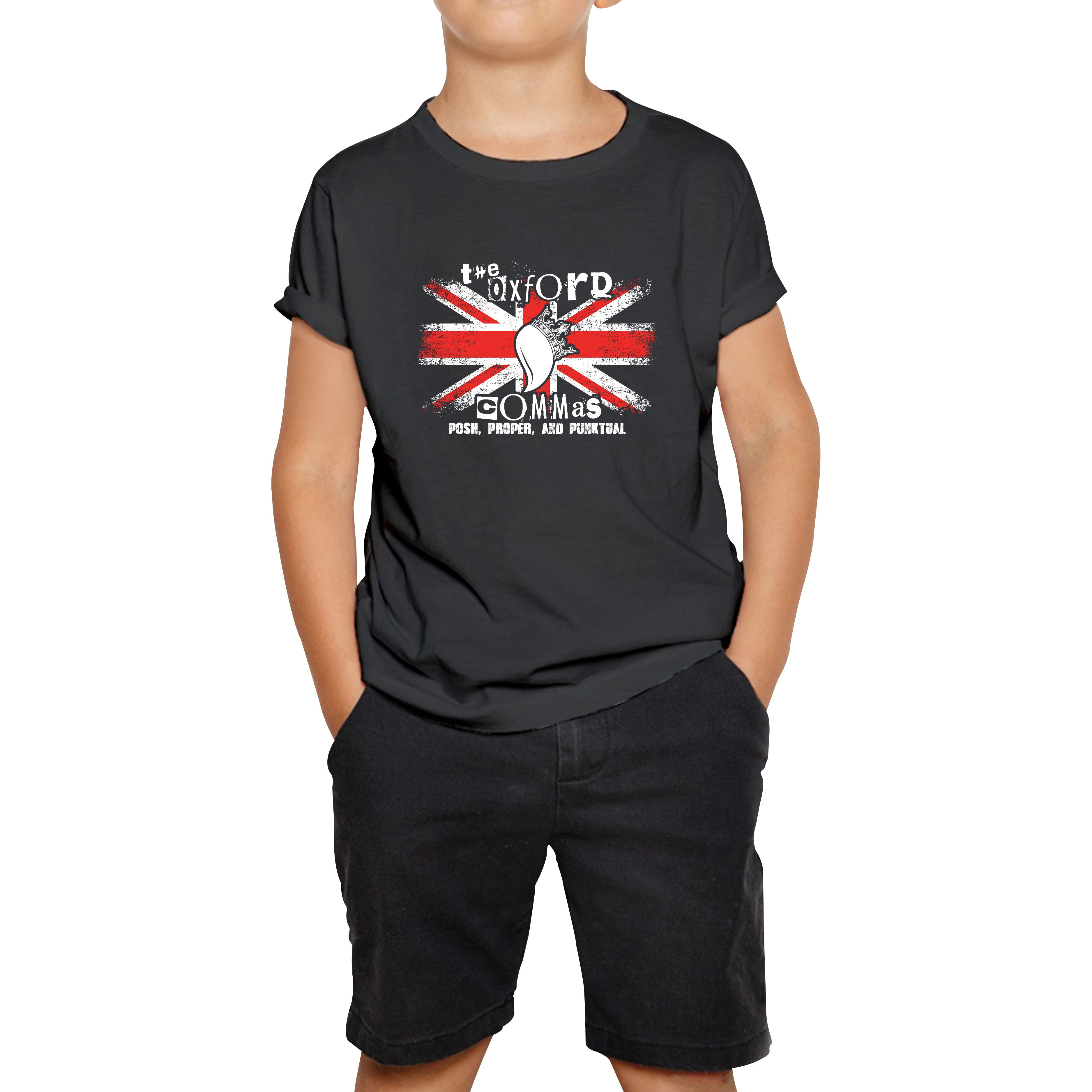 

The Oxford Commas Push, Proper and Punktual Funny Grammar UK Flag Kids Tee 100