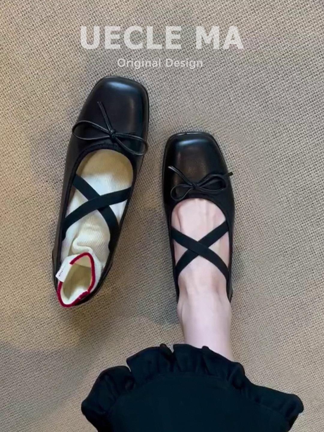 

Sheepskin version~ French retro square head bow cross strap Mary Jane single shoes women s flat shallow mouth ballet shoes 35 чёрный