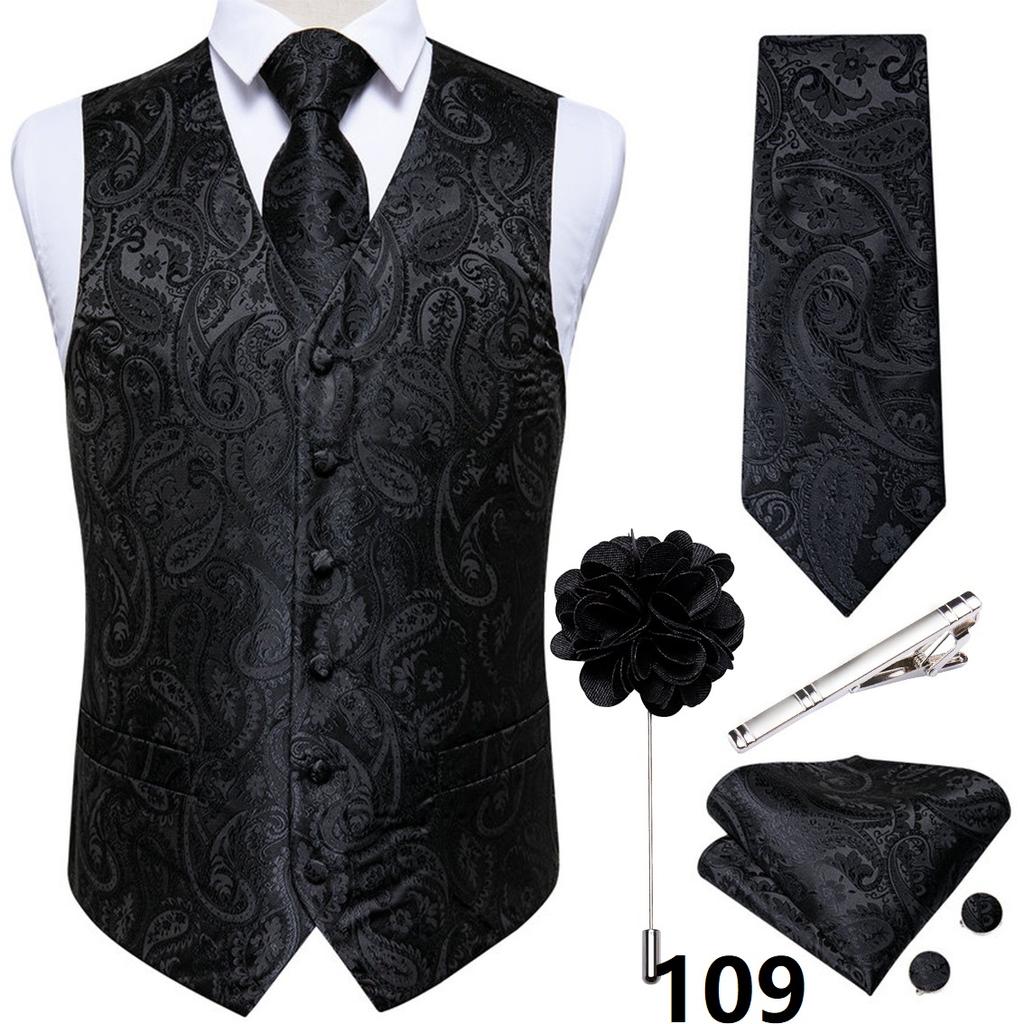 Anzug-Westen-Set für Herren, Schwarz, Rosa, Grün, Paisley-Weste, Krawatte, Einstecktuch, Manschettenknöpfe, Blumen-Corsage, Silberne Krawattenklammer, Hochzeit, Business