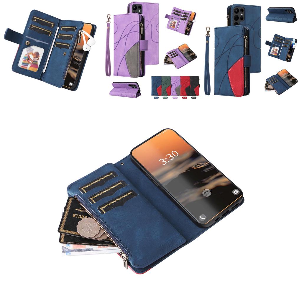 Stylish Dual-color Nine-card Zipper Case With Card Holder And Stand For Samsung A14