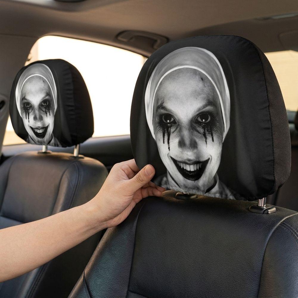2Pcs Elastic Spooky Face Auto Headrest Sleeve Scary Nun Skull Auto Headrest Wrap Car Accessories