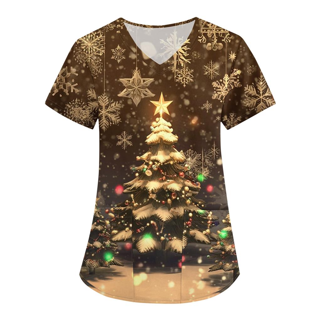 Women's Fashion V-Neck Short Sleeve Overalls With Pockets Christmas Printed Tops  Clothes