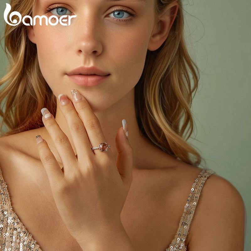 BAMOER 925 Sterlingsilber Solitär Verlobungsringe für Damen, Weißgoldplattierter Orangefarbener Herbstlicher Statement-Ring