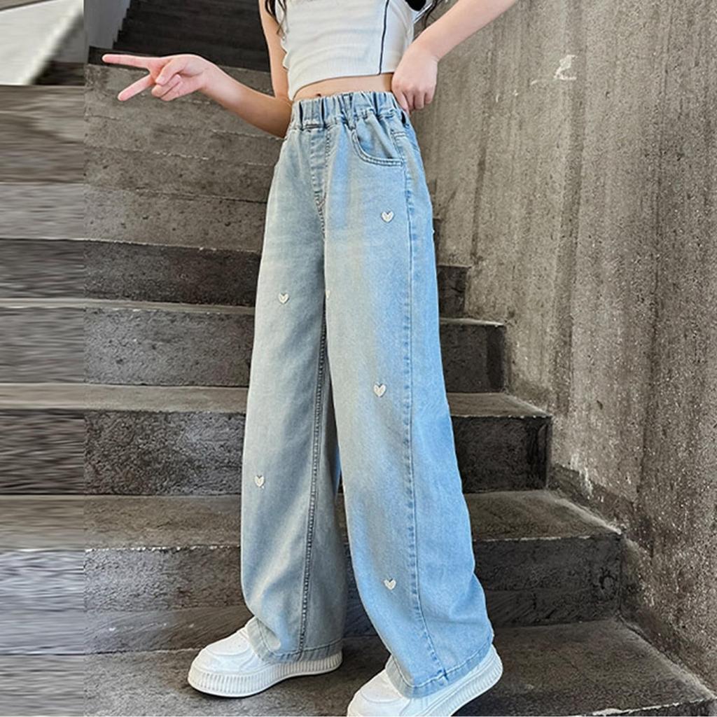 Summer Kids Girl Ripped Pants Double Button Jeans Girls' Wide Leg Pants