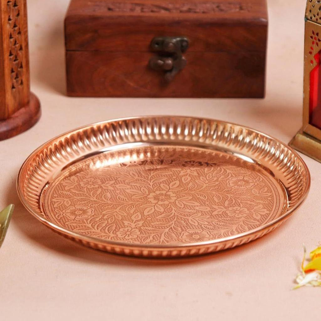 The Spiritual Living Pure Copper Pooja Plate | 7 Inch | Diwali Pooja Samagri | Thali for Puja |