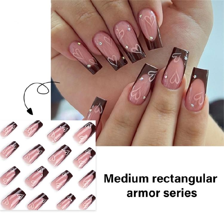 Valentine’s Day Medium Square Press On Nail with Brown French Heart Designs Stick On Nail Decoration for Women