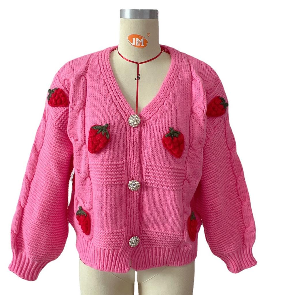 Casual Loose Strawberry Embroidery Thick Fried Dough Twists Single Breasted Knitting Sweater Coat Cardigan Women 3590 KTB