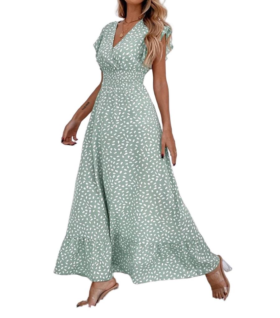 European & American Women's Fashion Spring/Summer 2025 V-Neck Waist-Hugging Long Dress Ruffle Elegant Style