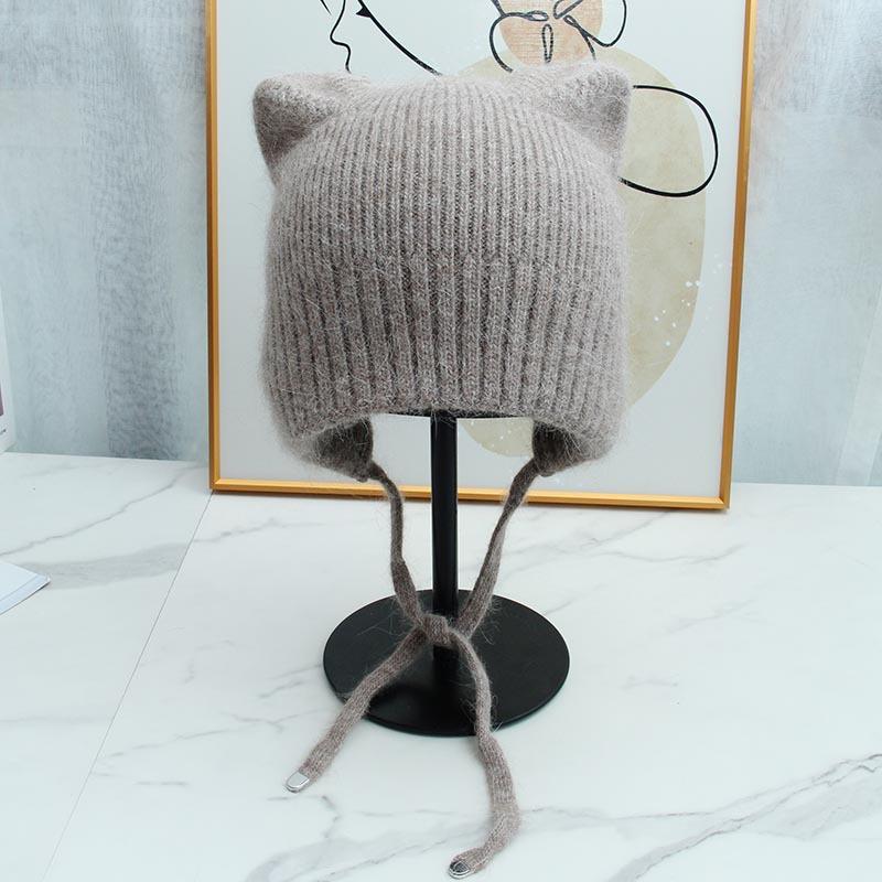 High-quality Cute Ear Protection and Warm Cat Ears Rabbit Hair Knitted Hat Autumn and Winter Double-layer Thickened Lace-up Windproof and Cold-proof