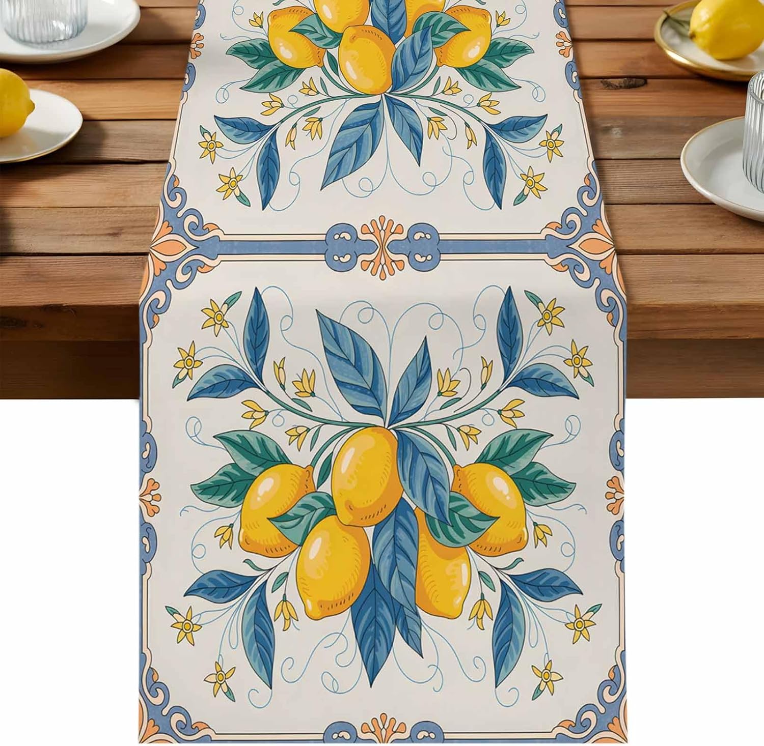 Chemin de table en lin à motif citron aquarelle d'été Décoration de maison Chemin de table géométrique imprimé vintage pour table de cuisine/salle à manger Décoration de fête de vacances 150x33cm