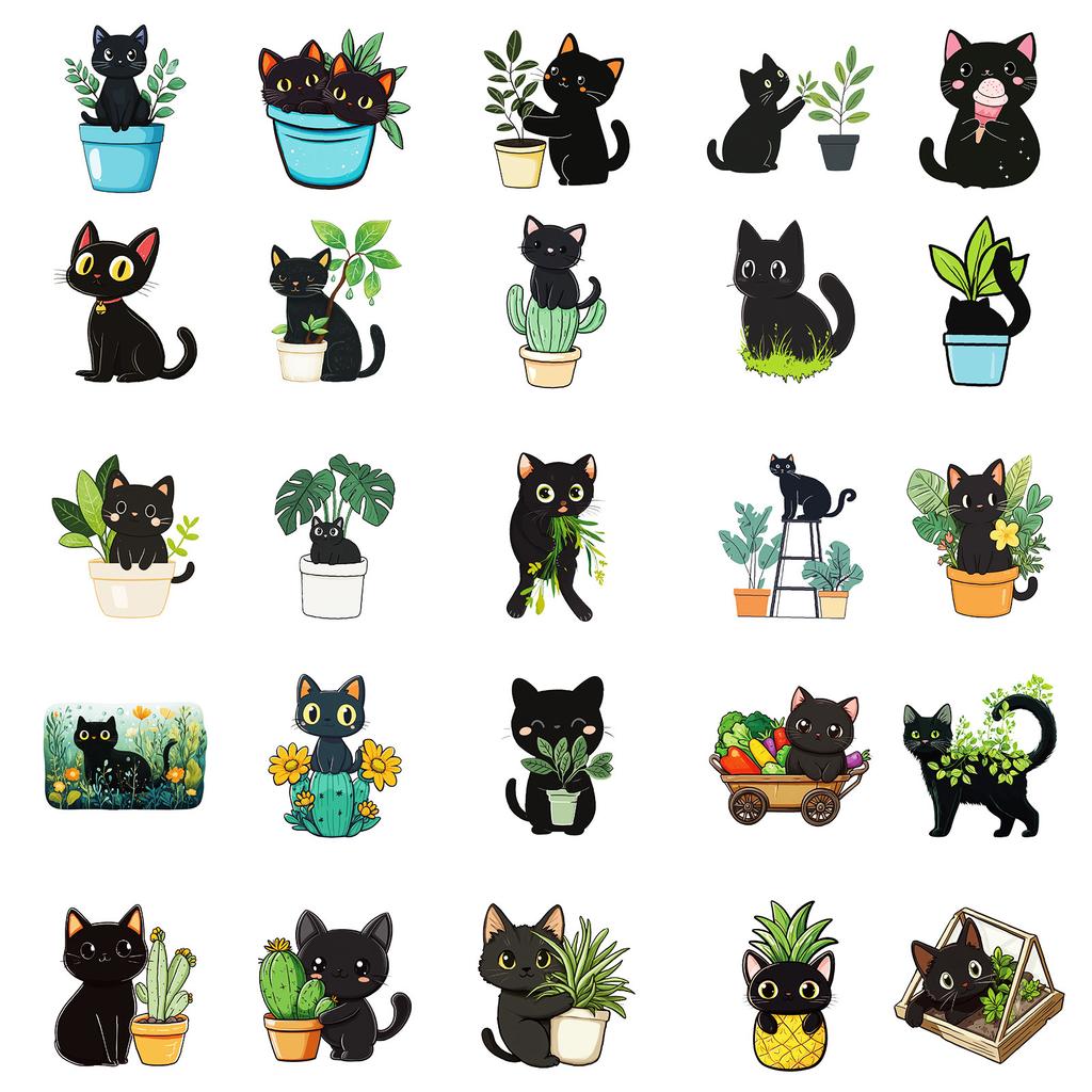 50 Hand-Painted Cao Zhi Black Cat Graffiti Decorative Stickers Children'S Reward Cartoon Stickers