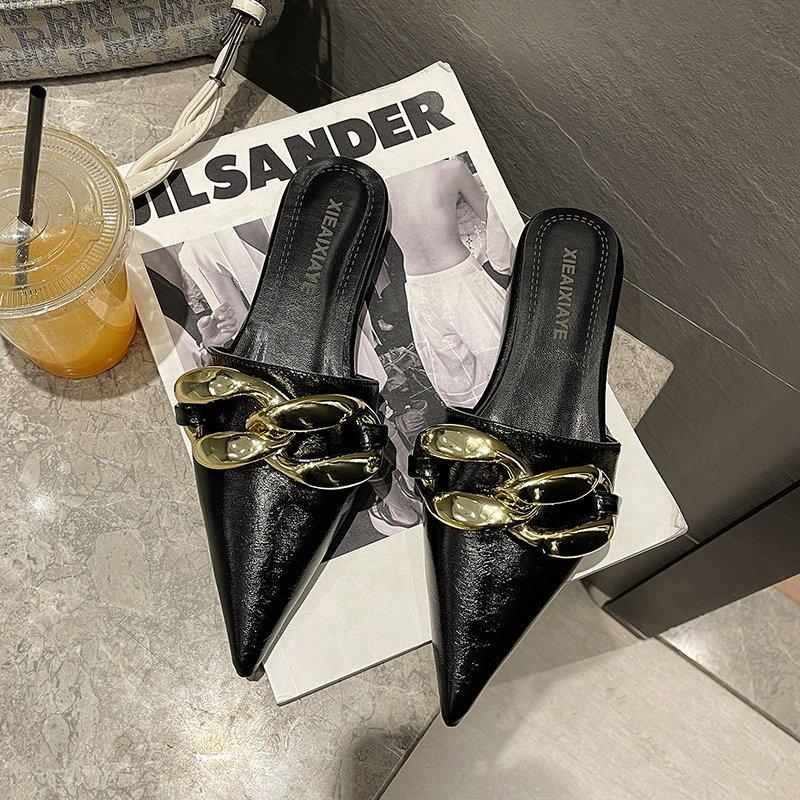 Fashion Aphixta 2025 Fashion New Big Chain Mules Women Slides Pointed Toe Ladies Shoes Summer Footwear Slippers
