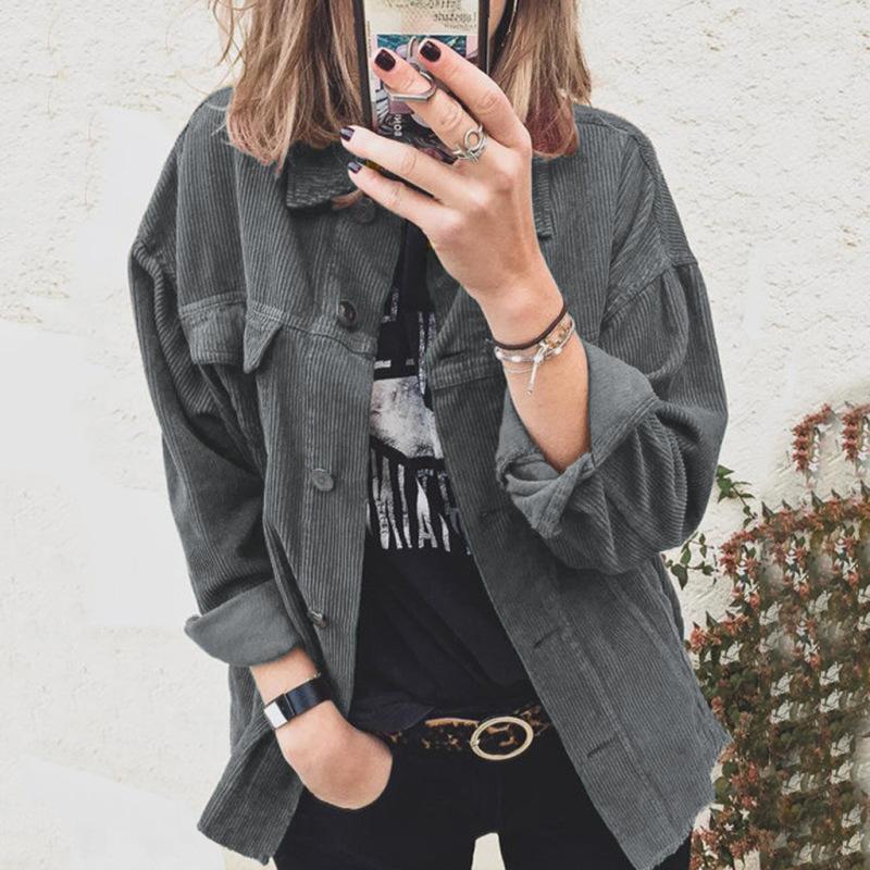 

Женский весенне-осенний вельветовый кардиган на пуговицах, свободная рубашка с длинными рукавами и лацканами S серый