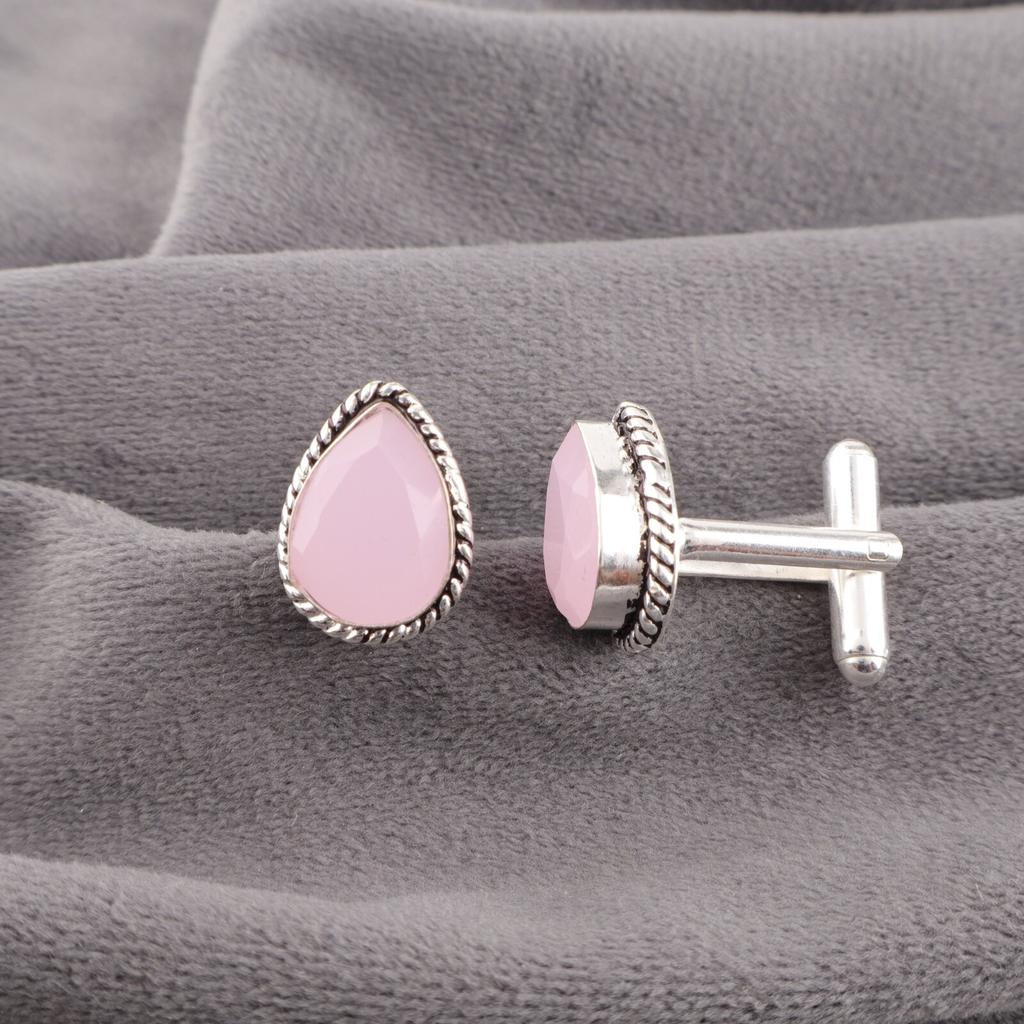 Rose Chalcedony Gemstone Cufflinks 925 Sterling Silver Handcrafted Jewelry Gift CL-5-20
