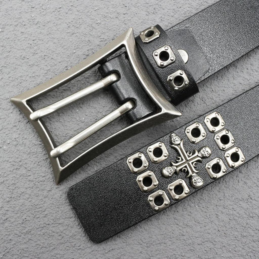 Heavy-Duty Cowhide Leather Belt with Double-Needle Rivets and Hollow Eyelets