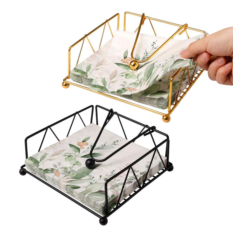Modern Napkin Holder For Table With Weighted Arm, Square Metal Flat Napkin Holder Farmhouse Napkin Box Rustic Napkin Tray