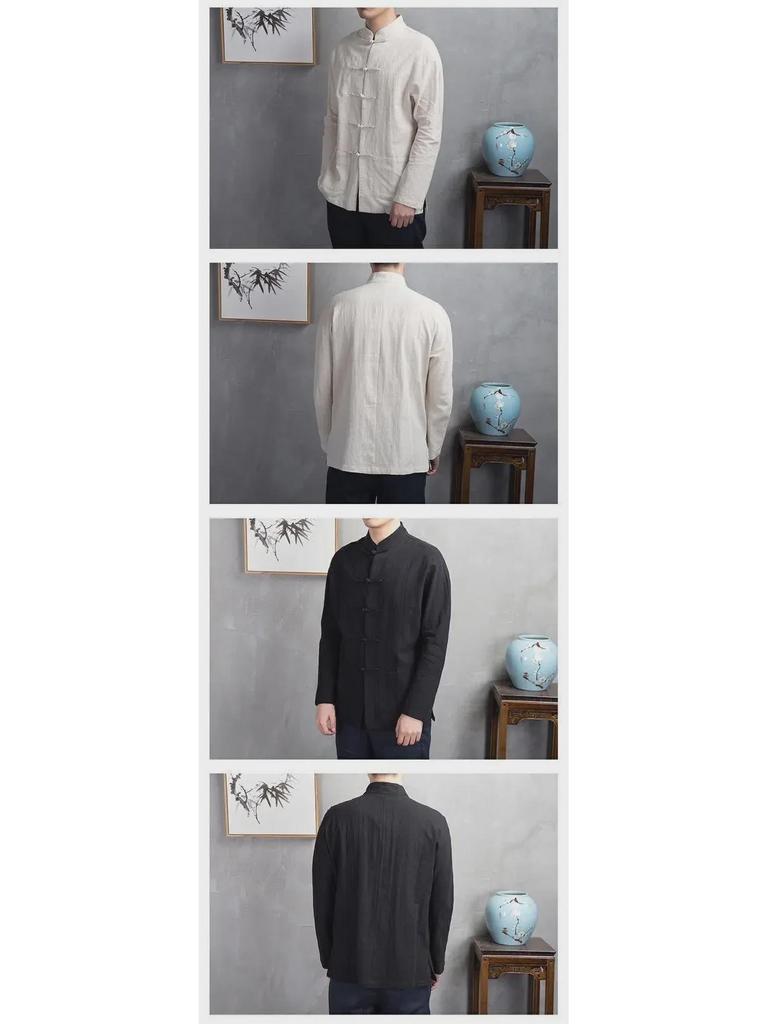 Men's Retro-Style Chinese Cotton Linen Stand Collar Shirt – Long-Sleeved for Spring and Autumn.