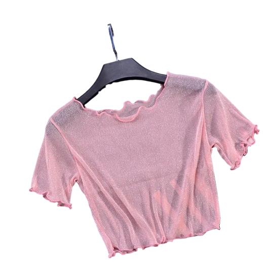 O-Ausschnitt Kurzarm Sheer Trim Crop Top Frauen See-through Glitter Mesh T-Shirt Streetwear