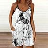 Womens Sleeveless Spaghetti Strap Romper Marble Crack Print Pocket Short Jumpsuit