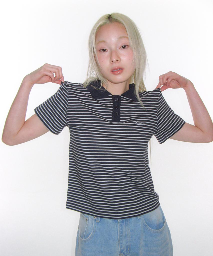 AMES-WORLDWIDE Basic Stripe Collar Tee Navy