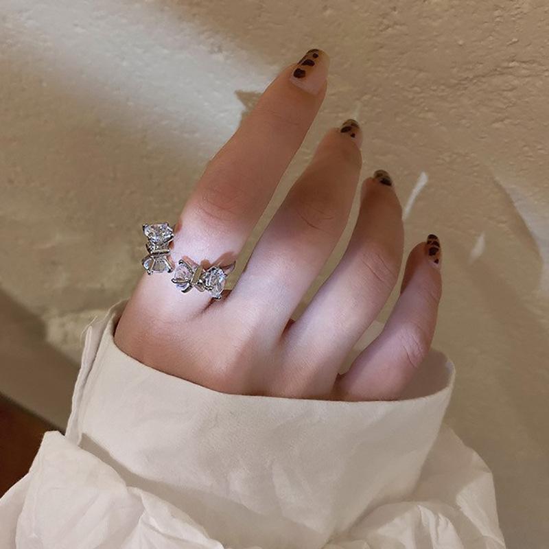 ANENJERY Shiny Zircon Bowknot Open Ring For Women Exquisite Korean Fashion Accessories