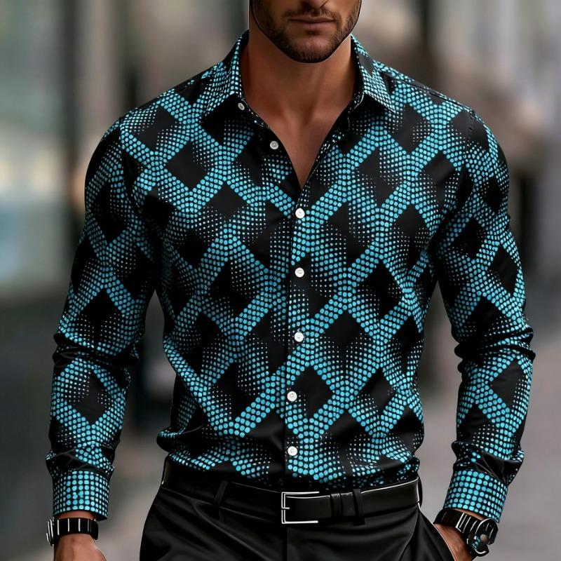 Men's Long-sleeved Geometric Print Shirt, Stylish Button-down Shirt, with Square and Striped Patterns for Everyday Wear.