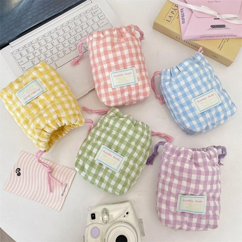 Plaid Drawstring Wallet Anti-fall Makeup Lipstick Storage Bag Camera Storage Bag  for Travel