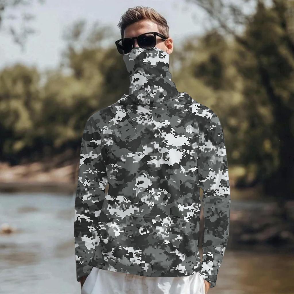 Maglia da Sole Leggera a Maniche Lunghe con Cappuccio e Copertura Facciale Integrata, Traspirante, Resistente ai Raggi UV, Top da Pesca e per Attività all'Aperto da Uomo