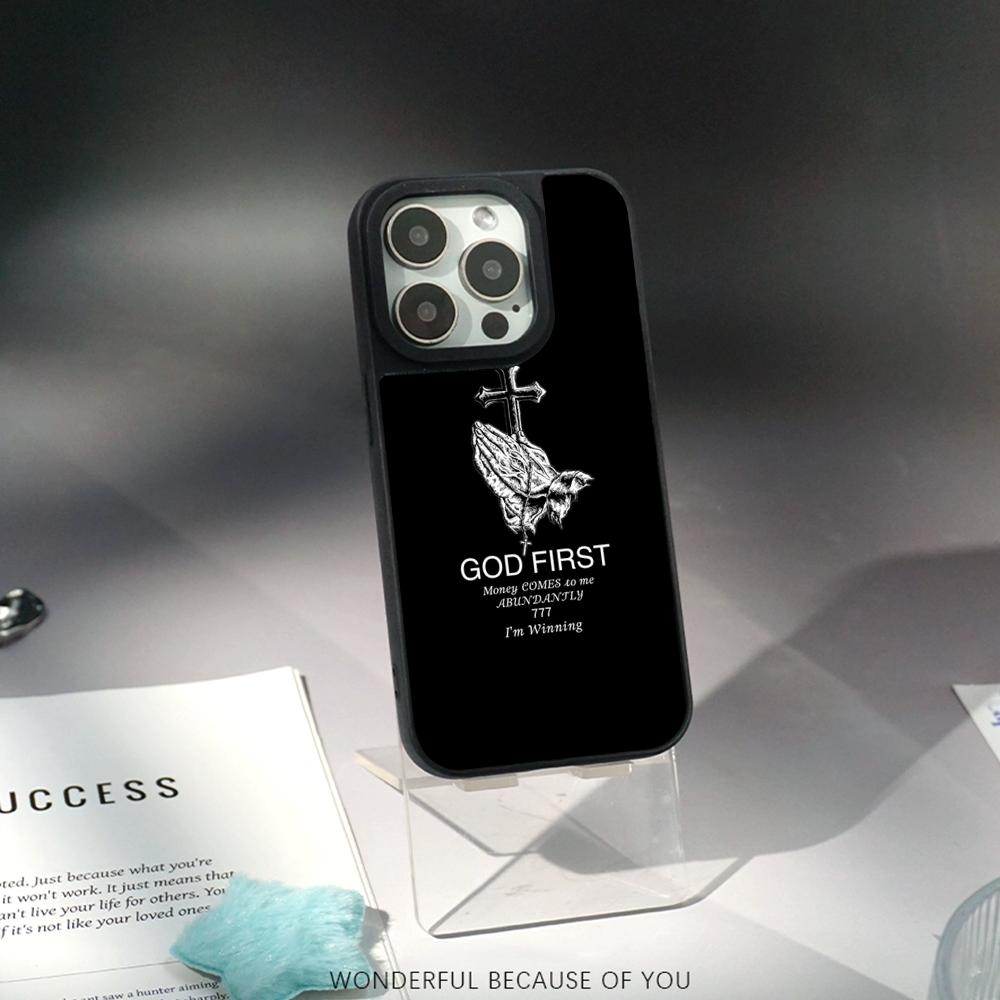 Gods Plan Cool Words Pattern Phone Case for iPhone 17 16 E 15 14 13 12 Pro Max Sheepskin Silver-edged Protective Case