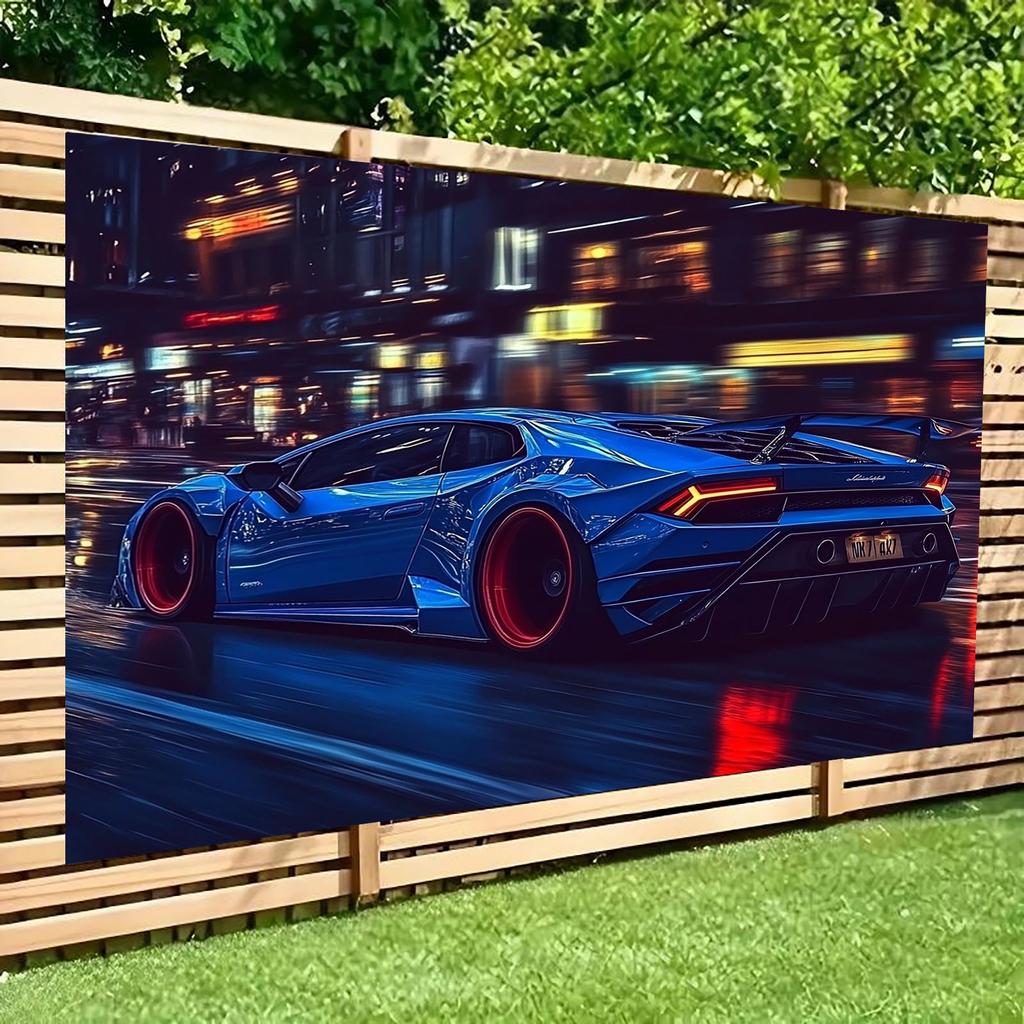 1pc Blue sports car at night with wall background - energetic party banner, home decoration