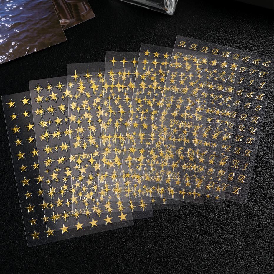 Xiaomi 6pcs Bronzing Metallic Golden Star Nail Art Stickers Y2K Mirror Effect Pentagram Starburst English Script Letters Nail Art Decal
