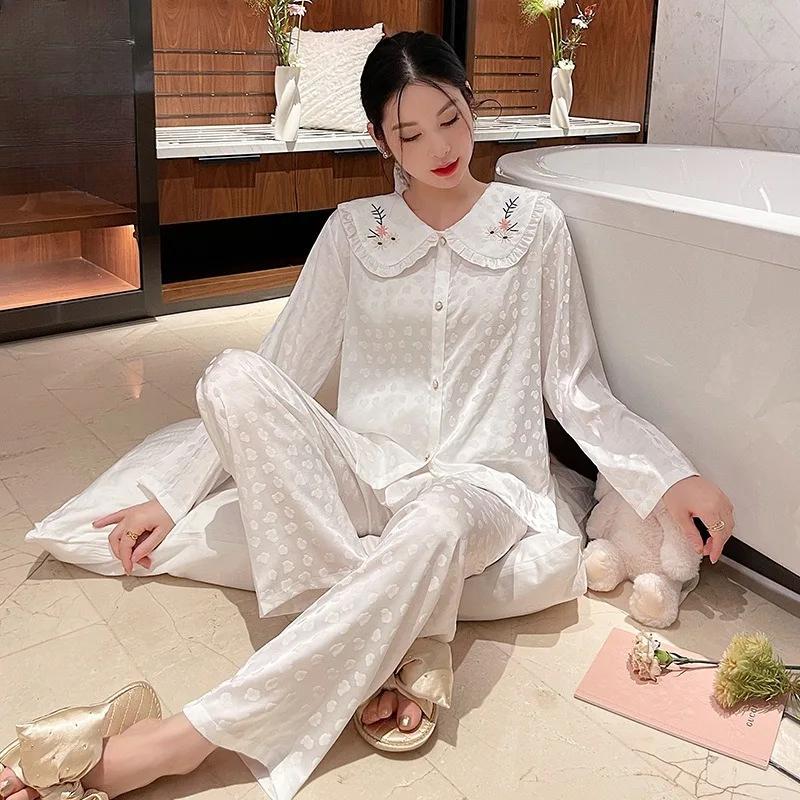 

Весенняя новинка, пижама с кукольным воротником, женские брюки с длинным рукавом, жаккардовые, из двух частей, тонкие, большого размера, свободная домашняя одежда XL белый