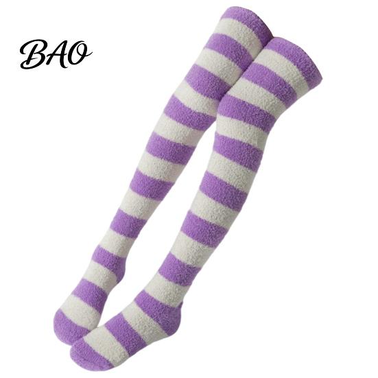 Warm Winter Sleep Socks Striped Plush for Women, Coral Fleece Thermal Socks, Soft Thickened Velvet Knee High Stockings, Sleeping Home And Casual Wear