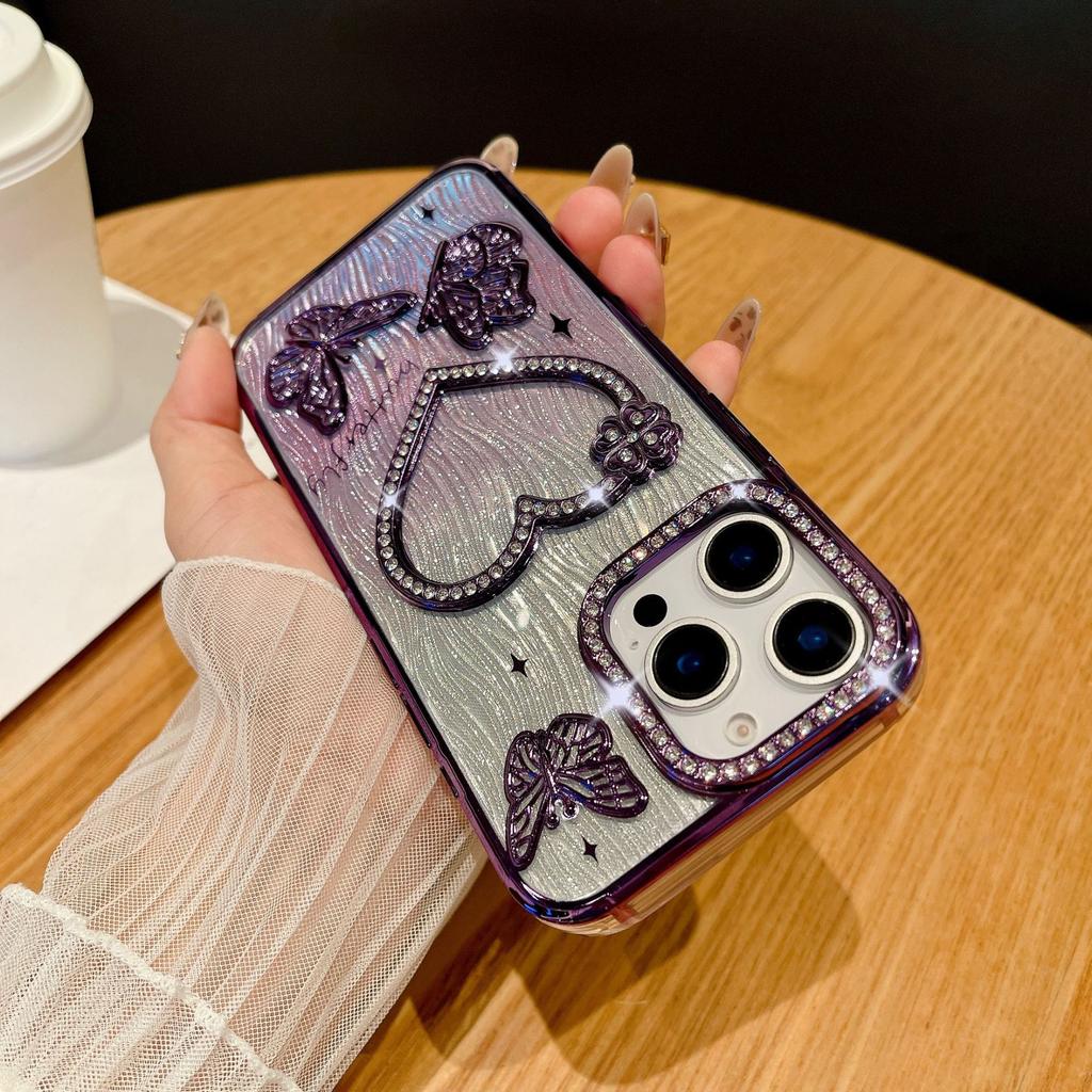 For IPhone 16 Promax Sparkling Diamond Phone Case for Apple 15 Love Butterfly 14 Gradient Sparkling Pink Soft Case