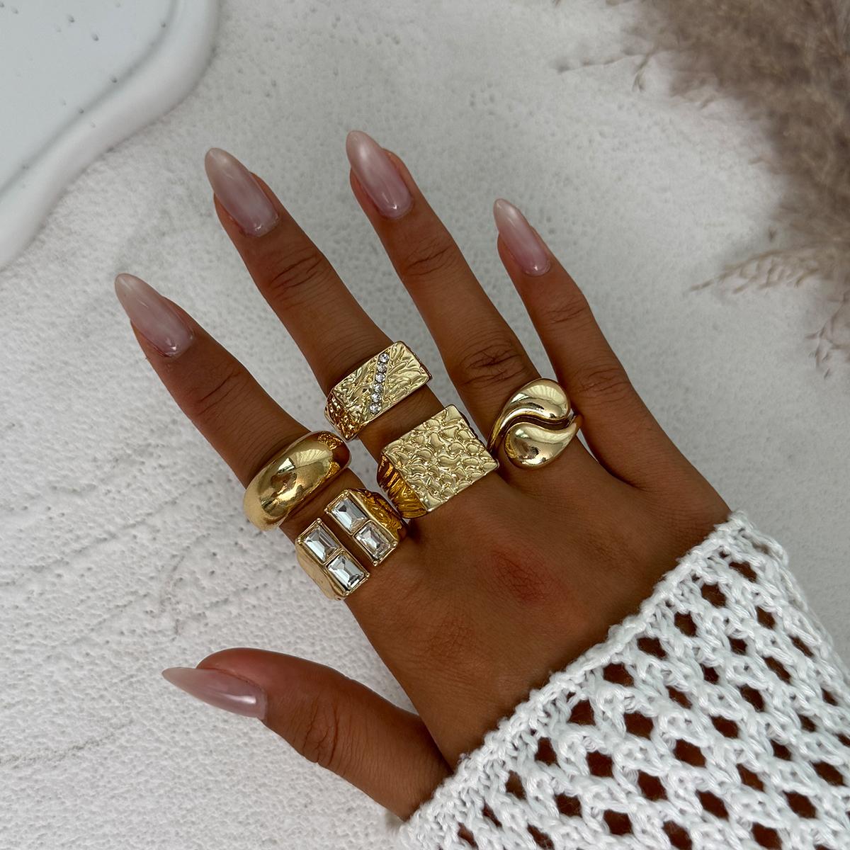 

SHIXIN 5Pcs/Set Punk Geometric Square Water Drop Wide Open Ring for Women Vintage Rhinestone Chunky Finger Rings Party Jewelry