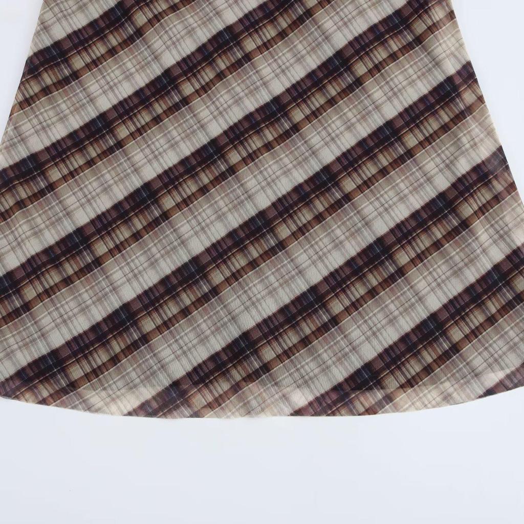 2025 Spring Women's Slim Plaid Round Neck Mesh Dress
